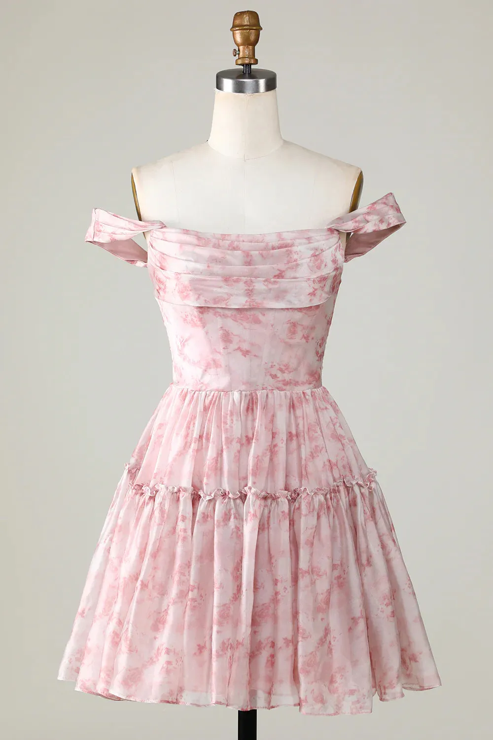 A Line Cute Blush Printed Homecoming Dress With Ruffles