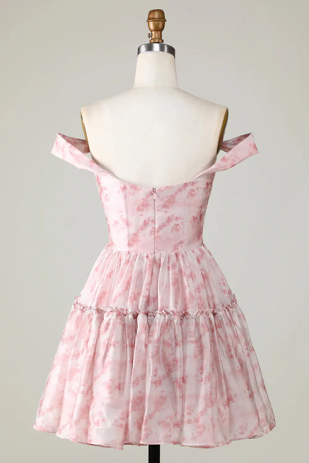 A Line Cute Blush Printed Homecoming Dress With Ruffles