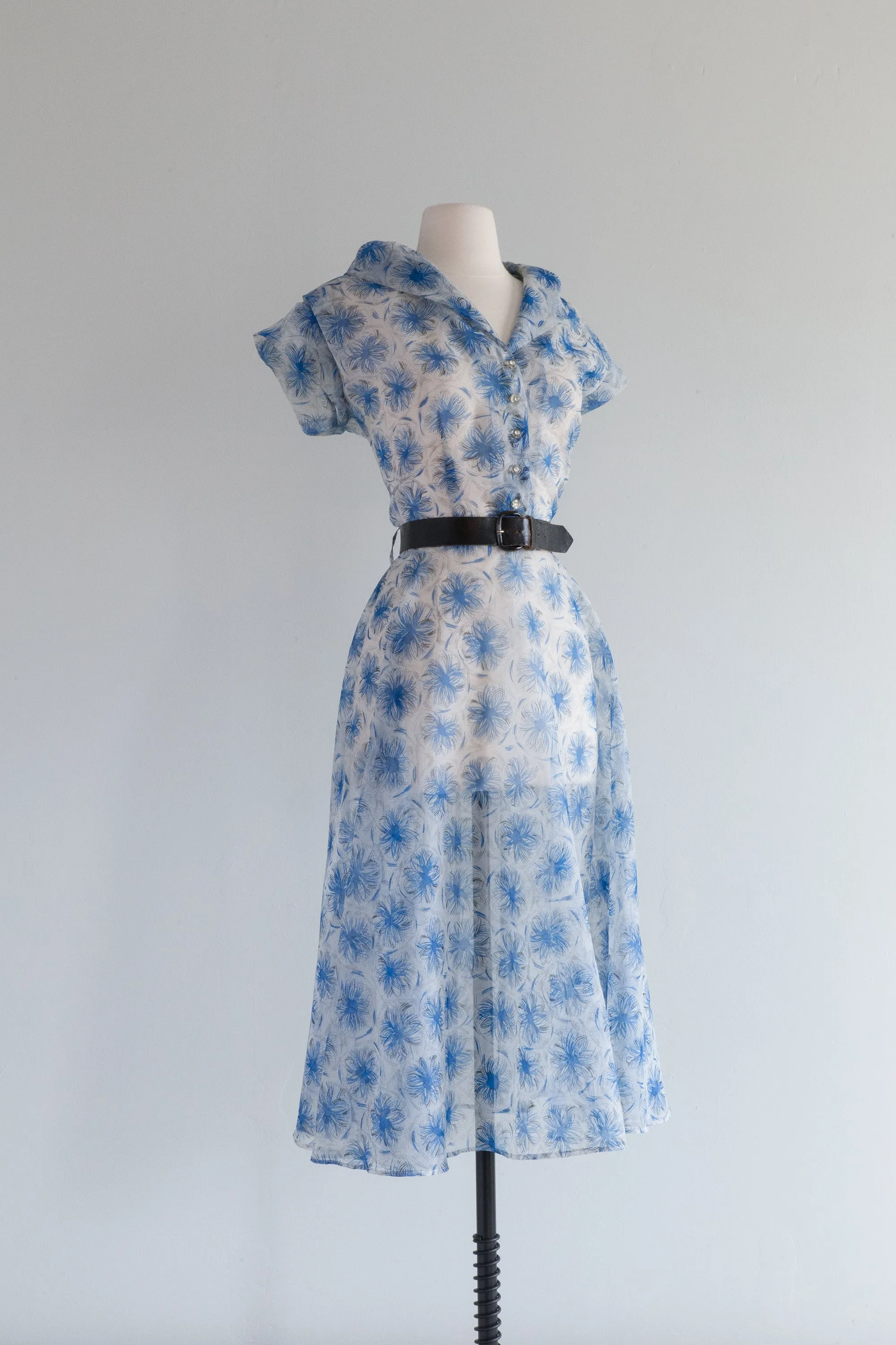 Beautiful 1950's Sheer Blue Floral Day Dress With Rhinestone Buttons / Large