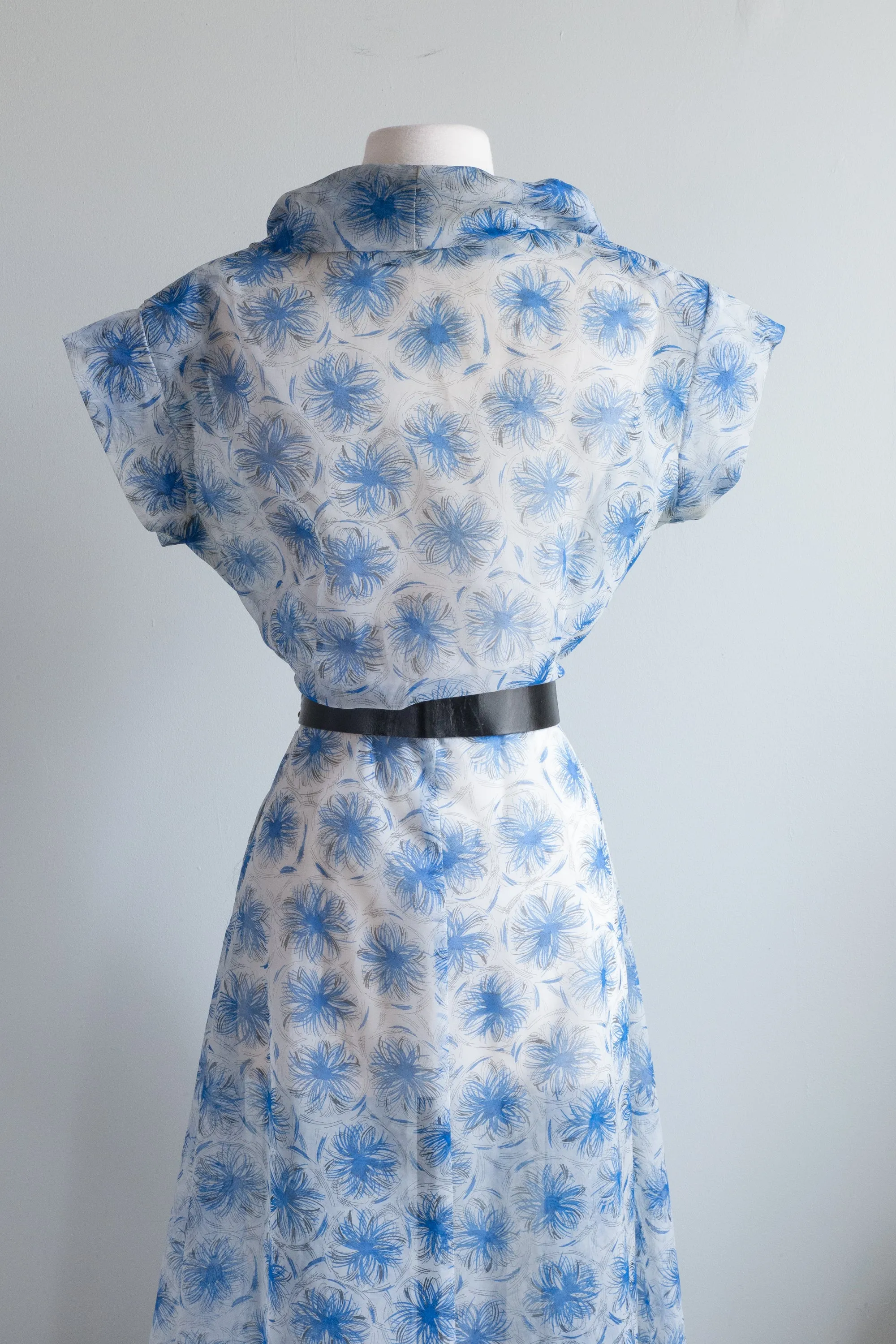 Beautiful 1950's Sheer Blue Floral Day Dress With Rhinestone Buttons / Large