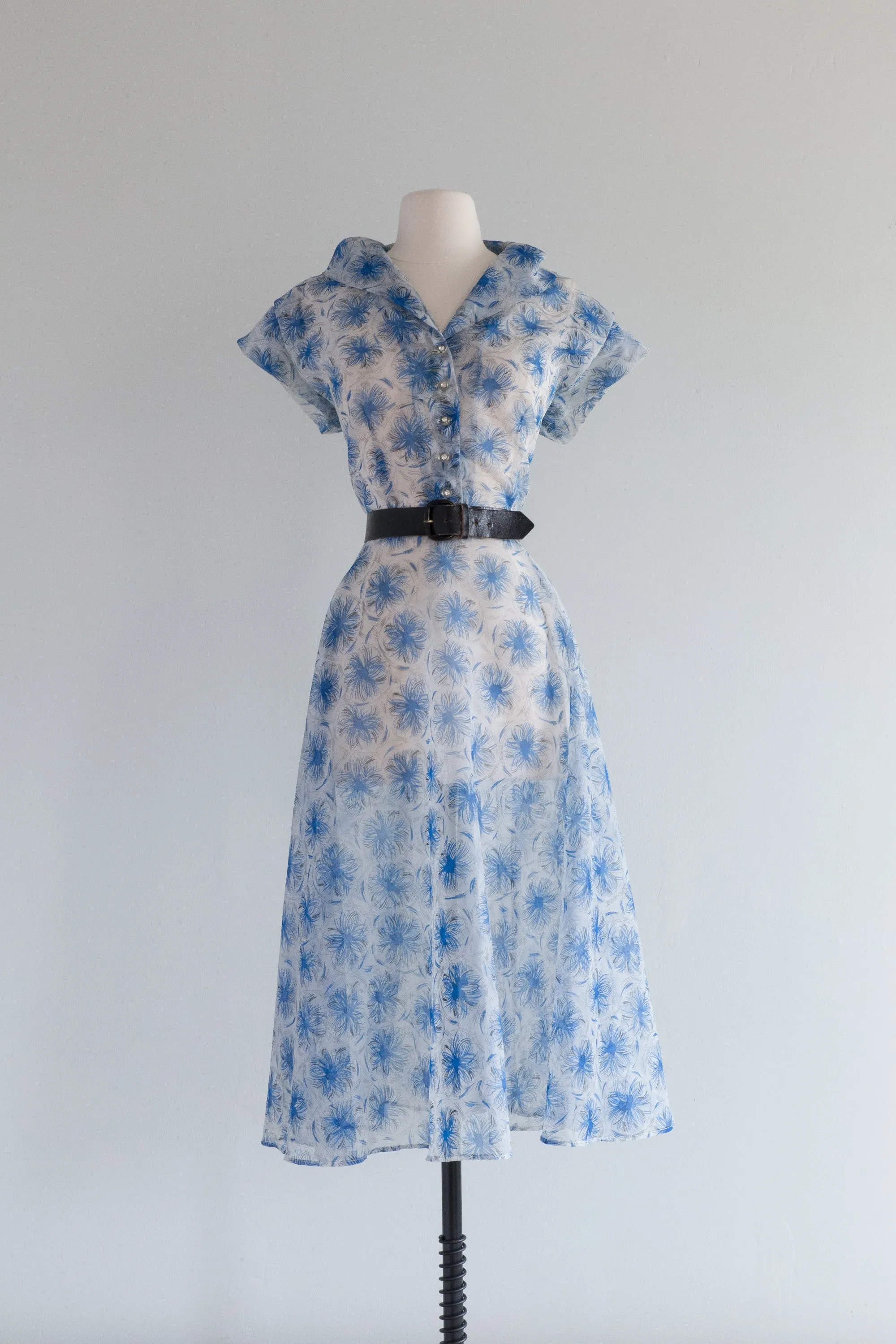 Beautiful 1950's Sheer Blue Floral Day Dress With Rhinestone Buttons / Large