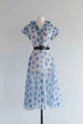 Beautiful 1950's Sheer Blue Floral Day Dress With Rhinestone Buttons / Large