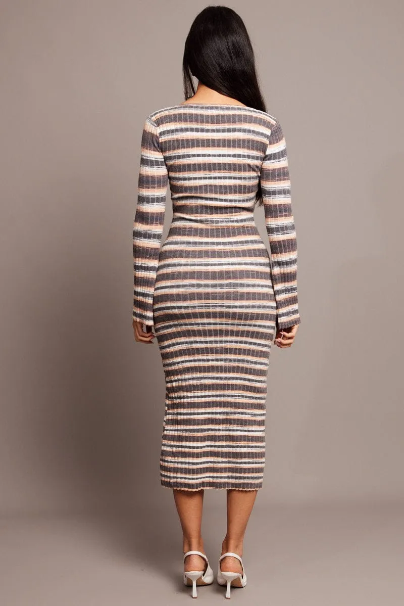 Beige Stripe Knit Dress Long Sleeve