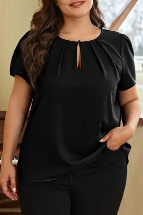 Black Keyhole Crew Neck Pleated Plus Size Top