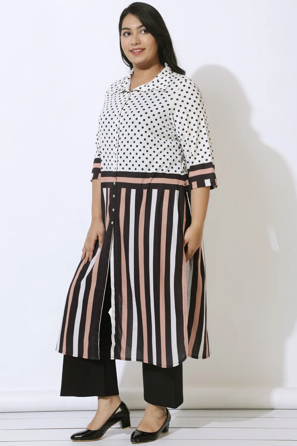 Black Luxe Polka Stripes Kurta Cum Shrug