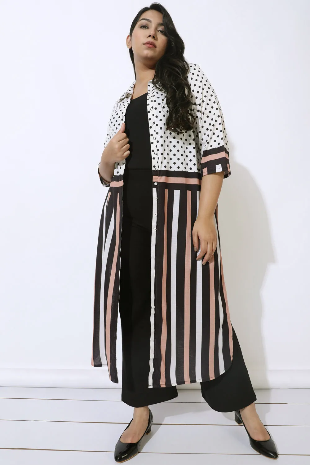 Black Luxe Polka Stripes Kurta Cum Shrug