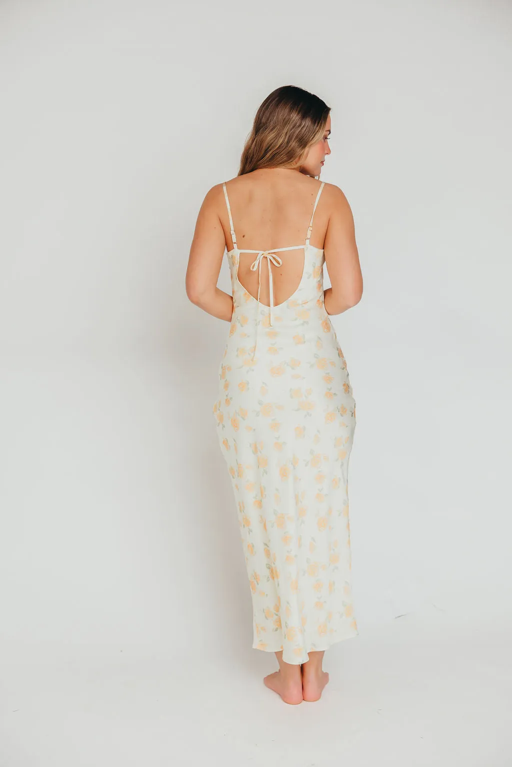 Caden Spring Floral Satin Maxi Dress with Bias Cut in Custard