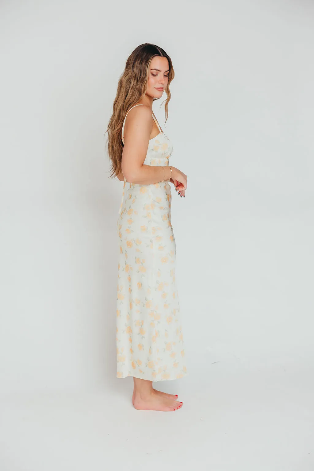 Caden Spring Floral Satin Maxi Dress with Bias Cut in Custard