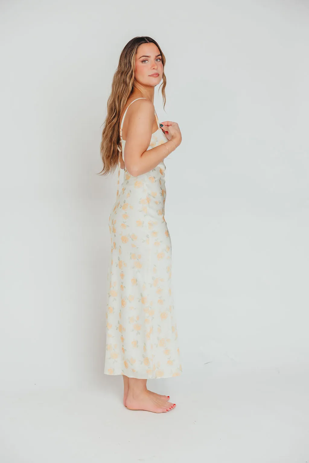 Caden Spring Floral Satin Maxi Dress with Bias Cut in Custard