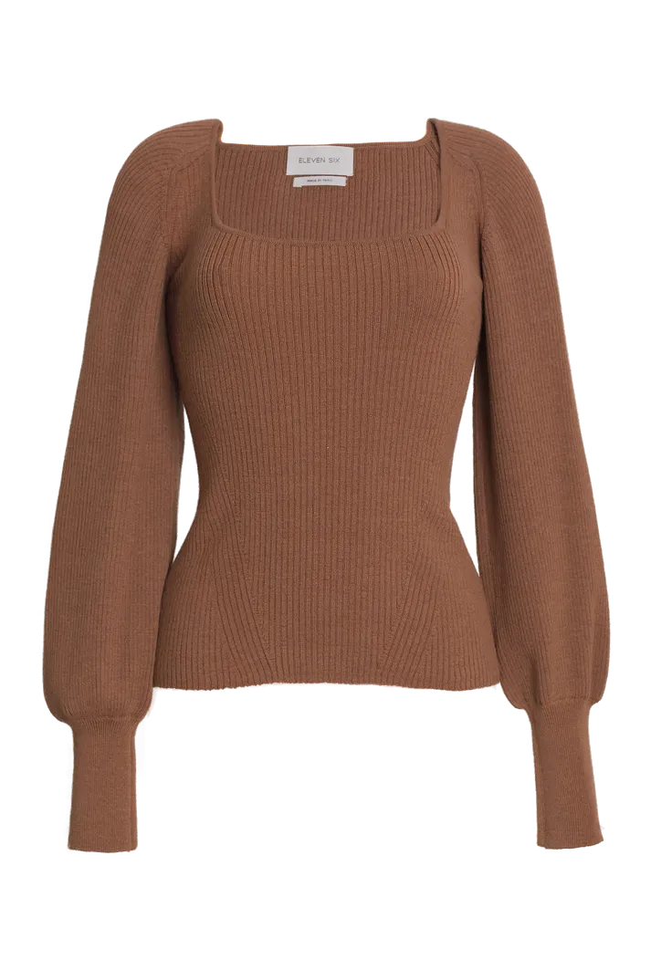 Camila Ribbed Square Neck Sweater | Camel