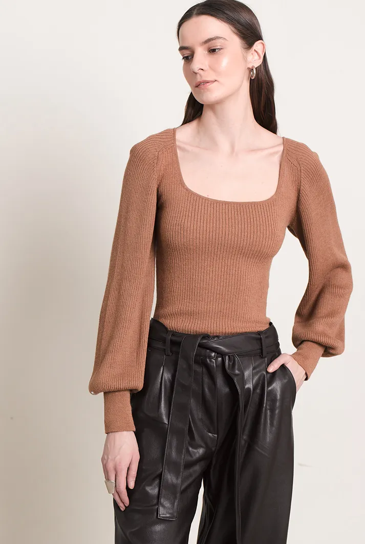 Camila Ribbed Square Neck Sweater | Camel