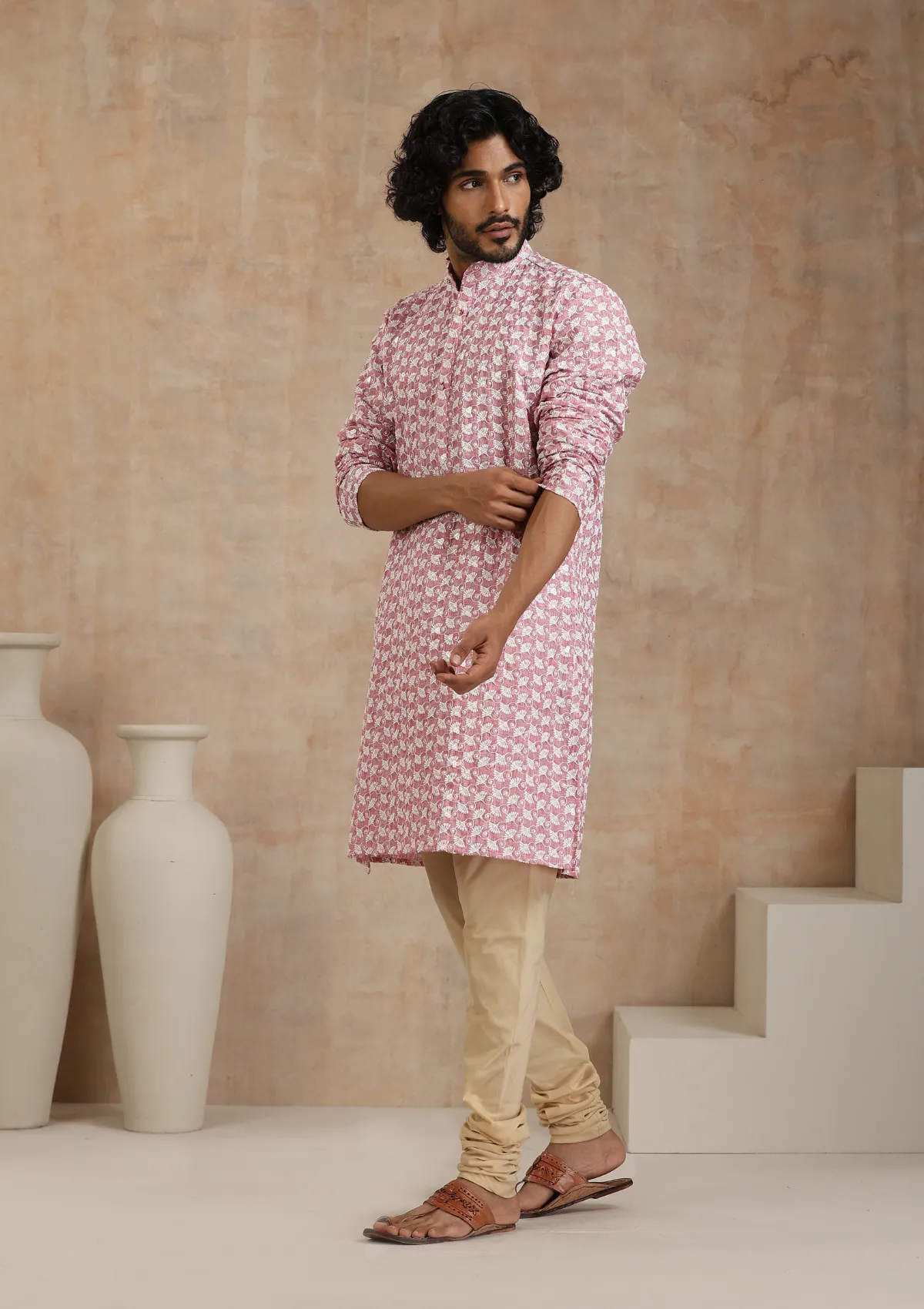 Cotton Blended Schiffli with Sequins Solid Men's Long Kurta - Pink