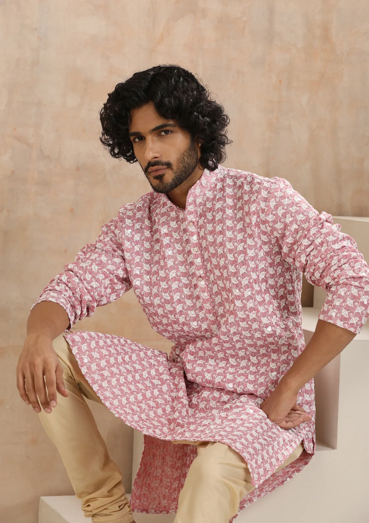 Cotton Blended Schiffli with Sequins Solid Men's Long Kurta - Pink