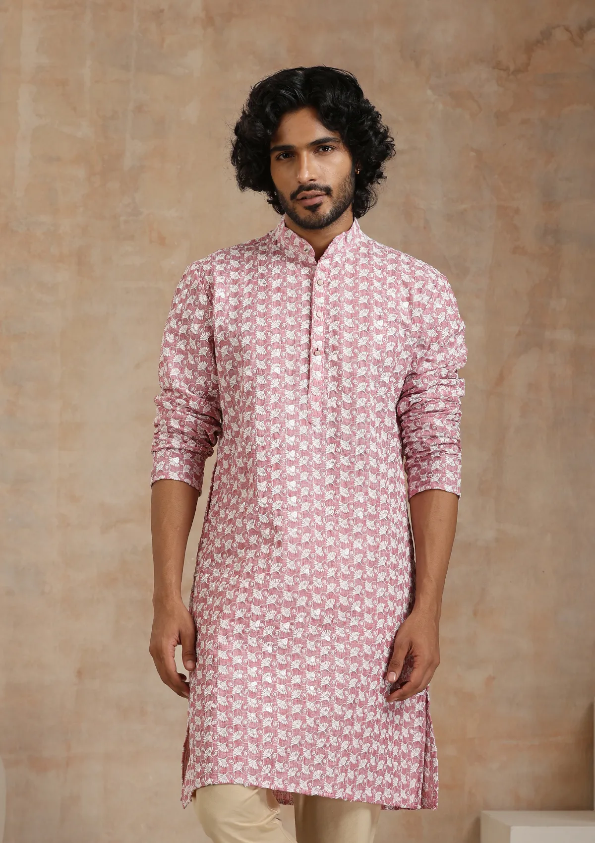 Cotton Blended Schiffli with Sequins Solid Men's Long Kurta - Pink