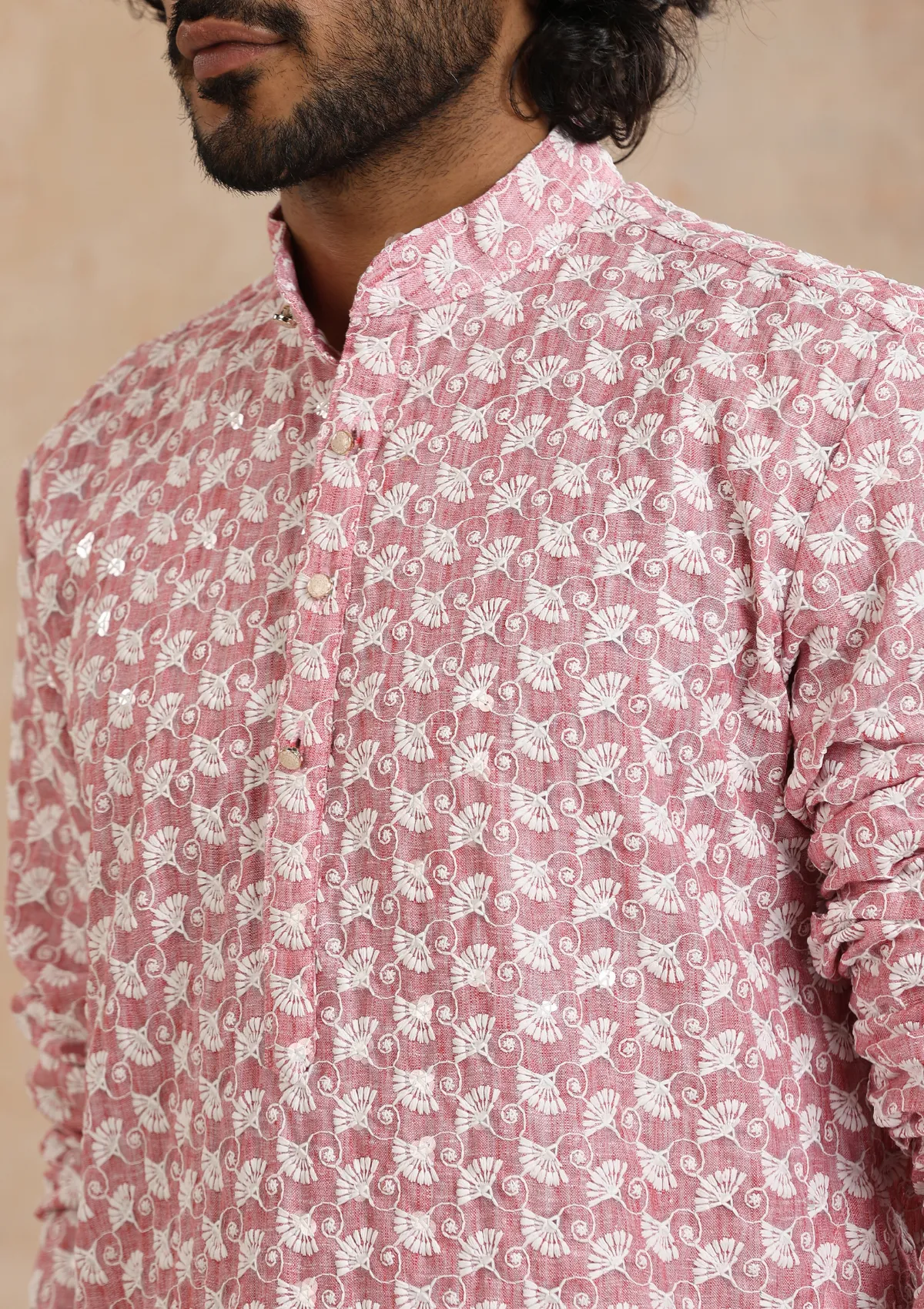 Cotton Blended Schiffli with Sequins Solid Men's Long Kurta - Pink