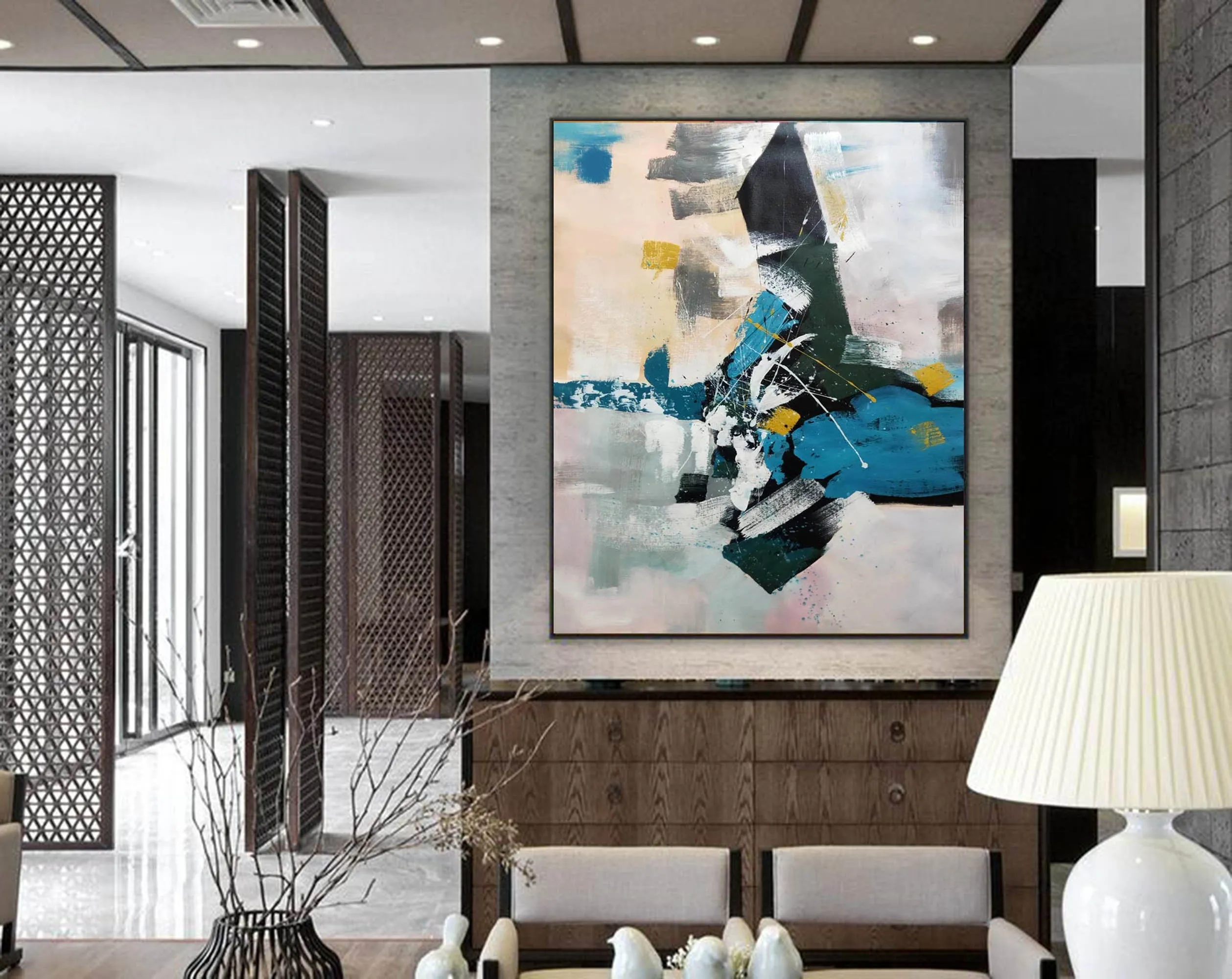 Deep Green Blue White Oversized Abstract Art Painting Living Room Np105