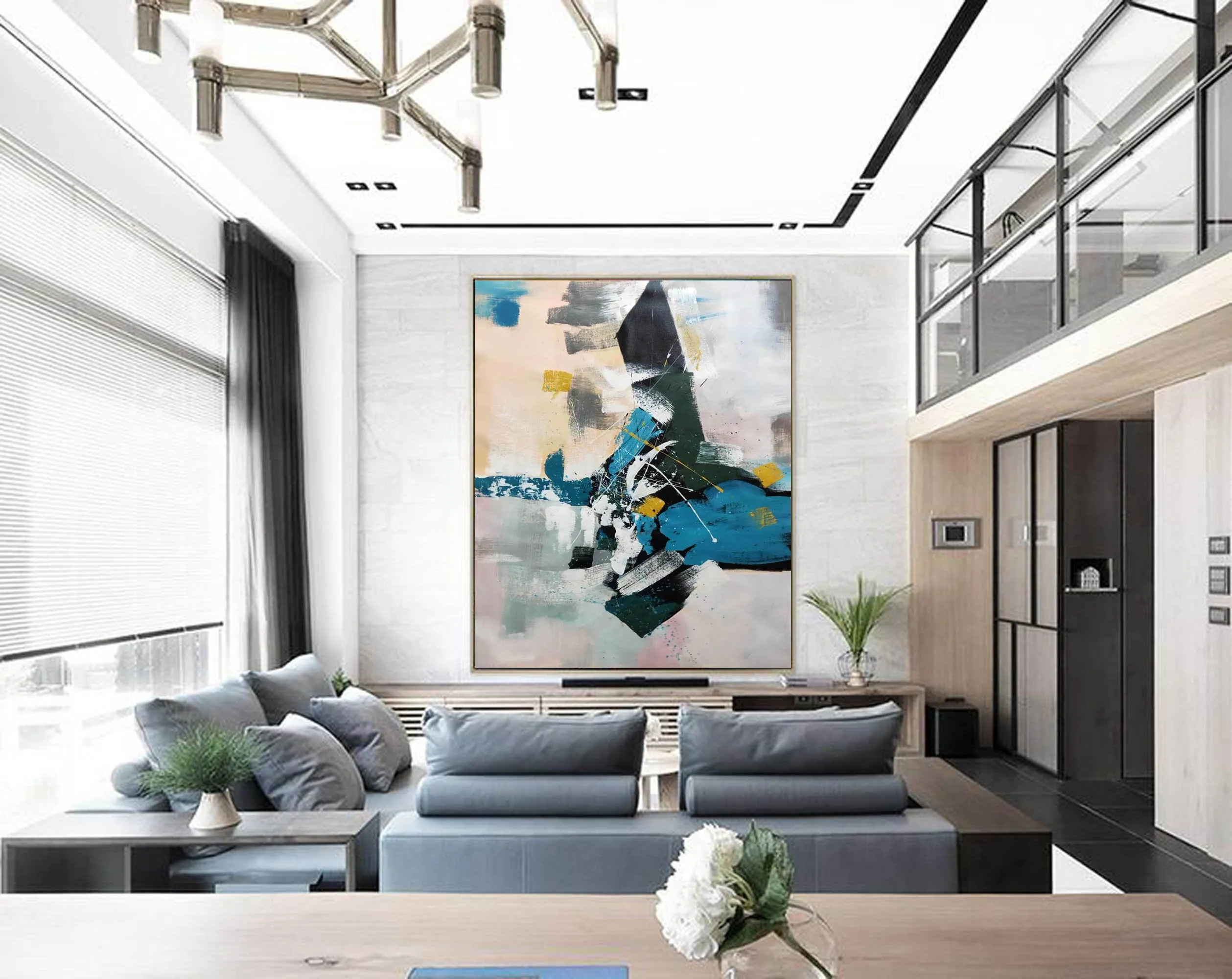 Deep Green Blue White Oversized Abstract Art Painting Living Room Np105