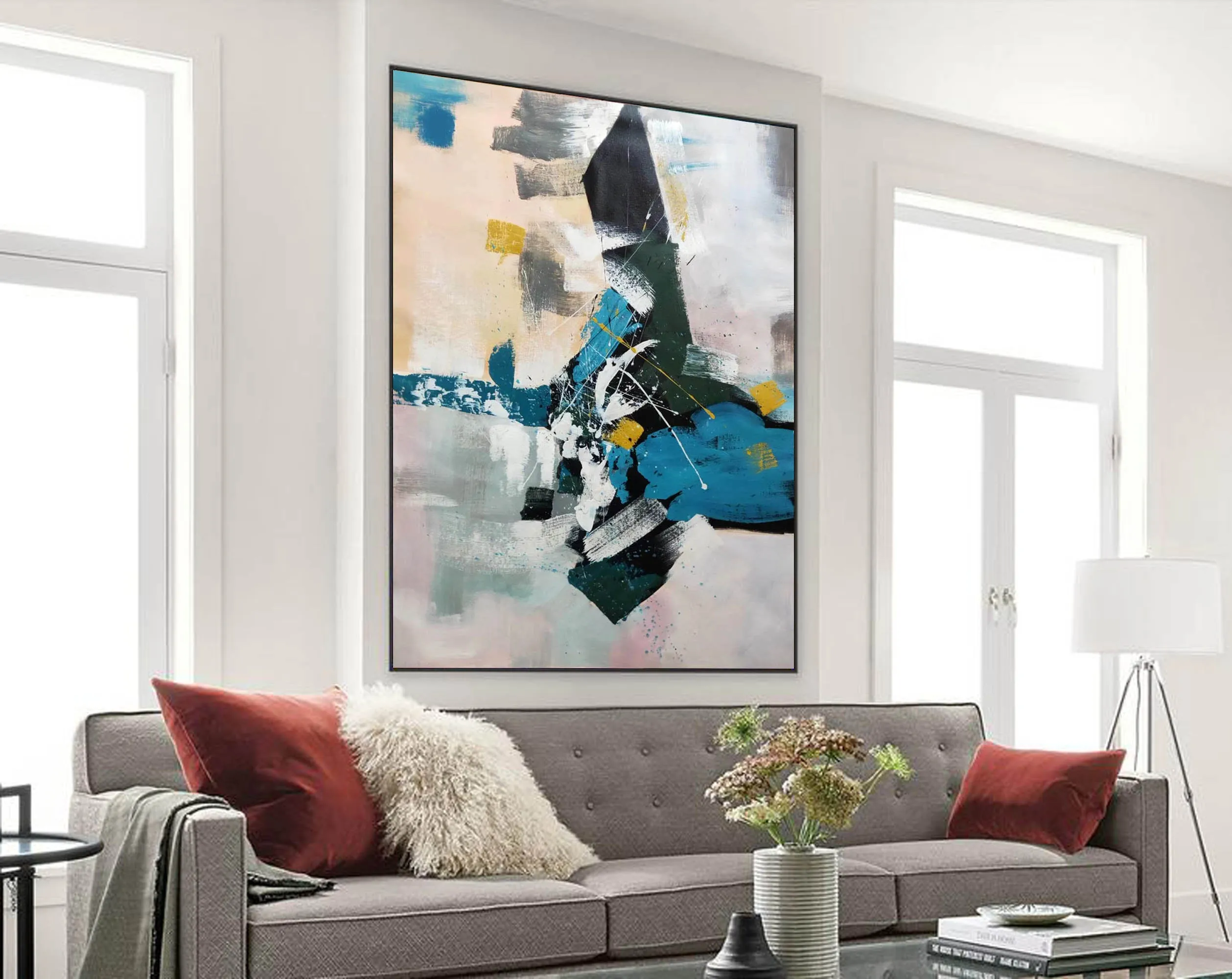 Deep Green Blue White Oversized Abstract Art Painting Living Room Np105