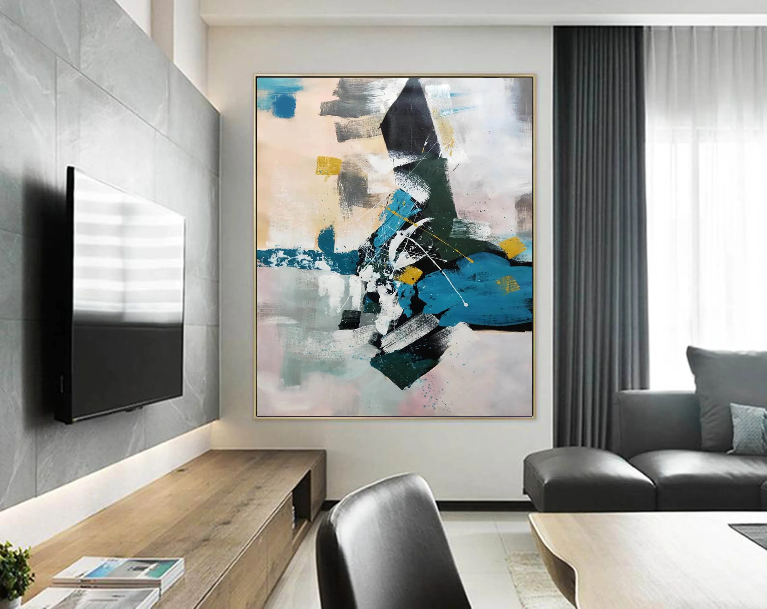 Deep Green Blue White Oversized Abstract Art Painting Living Room Np105