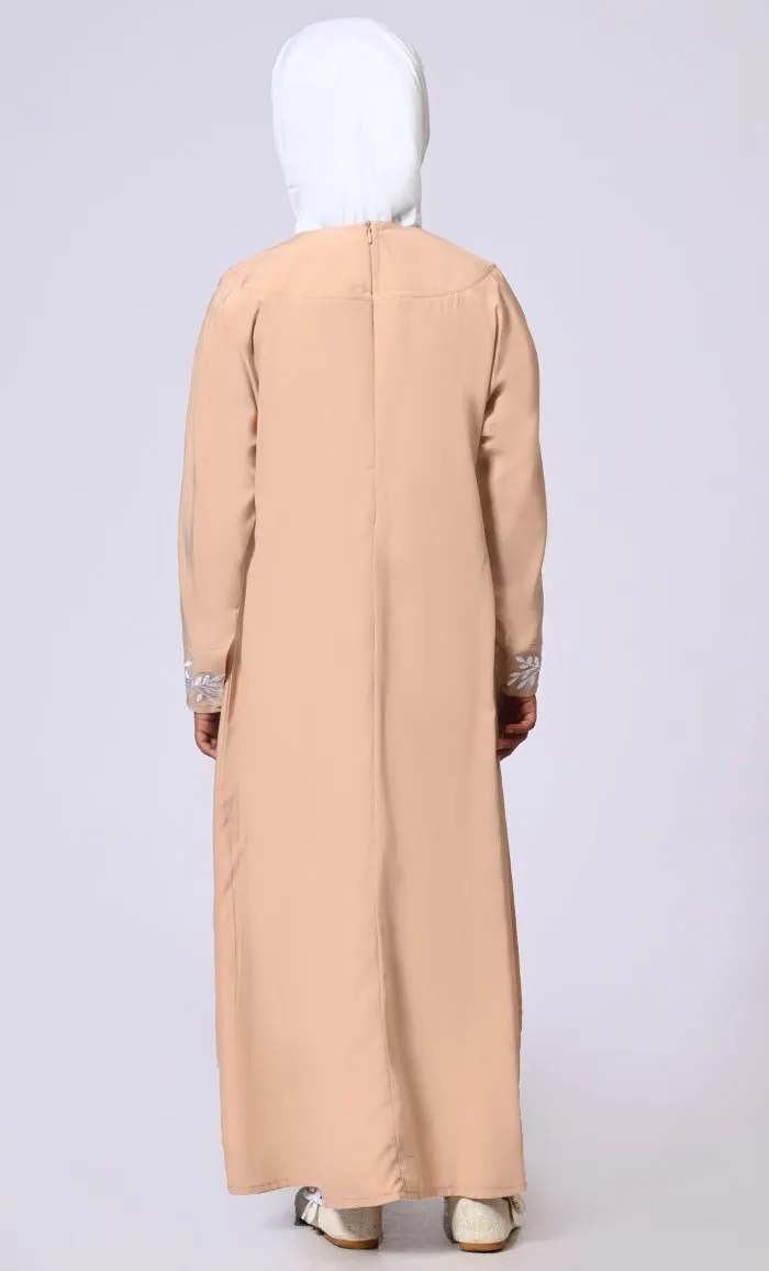 Elegant Ensemble: Girls' Sand Double Layered Embroidered Abaya with Belt