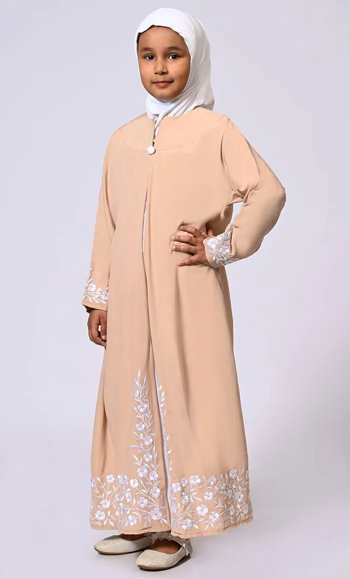 Elegant Ensemble: Girls' Sand Double Layered Embroidered Abaya with Belt