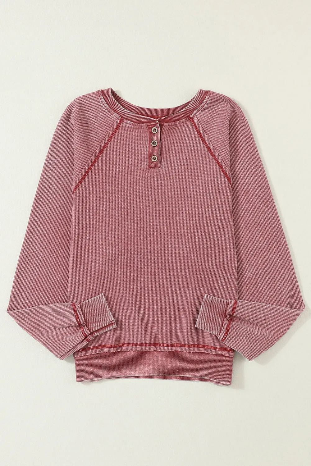 Fiery Red Waffle Knit Raglan Sleeve Henley Sweatshirt