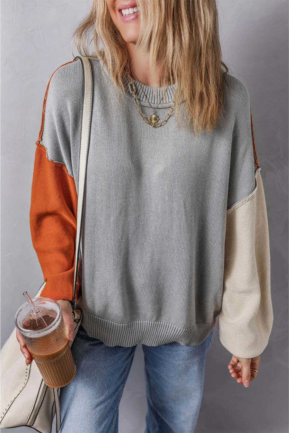 Gray Colorblock Bishop Sleeve Ribbed Trim Sweater