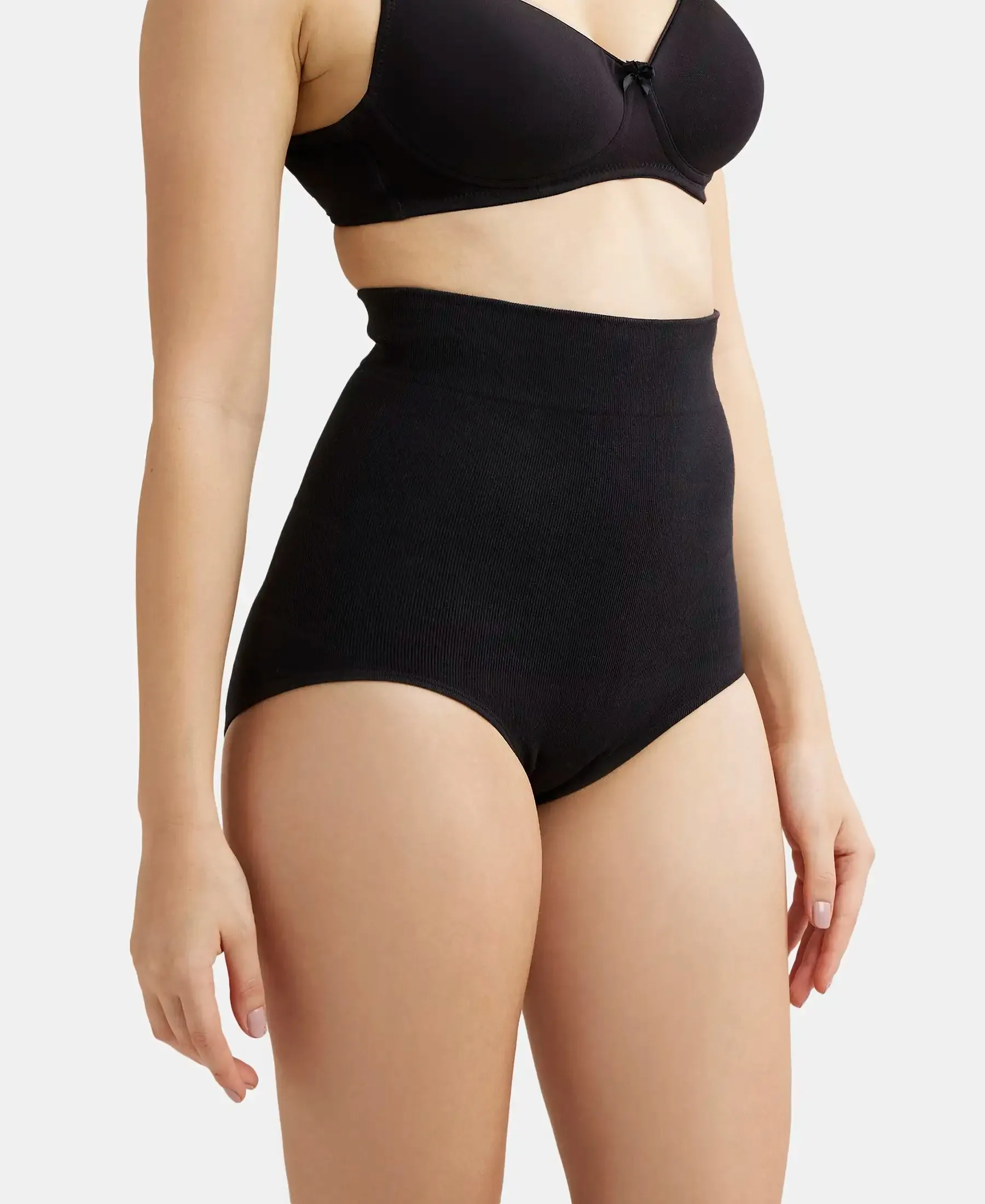 High Waist Cotton Rich Elastane Stretch Seamfree Bikini Shapewear - Black