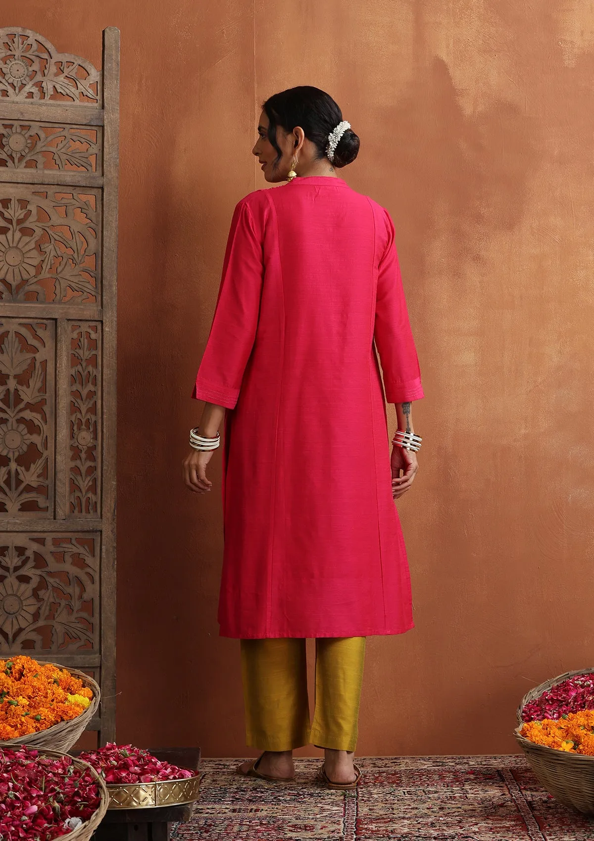 HOC Crafts Silk Blended Zari Pintucks Solid Women's Long Kurta - Pink