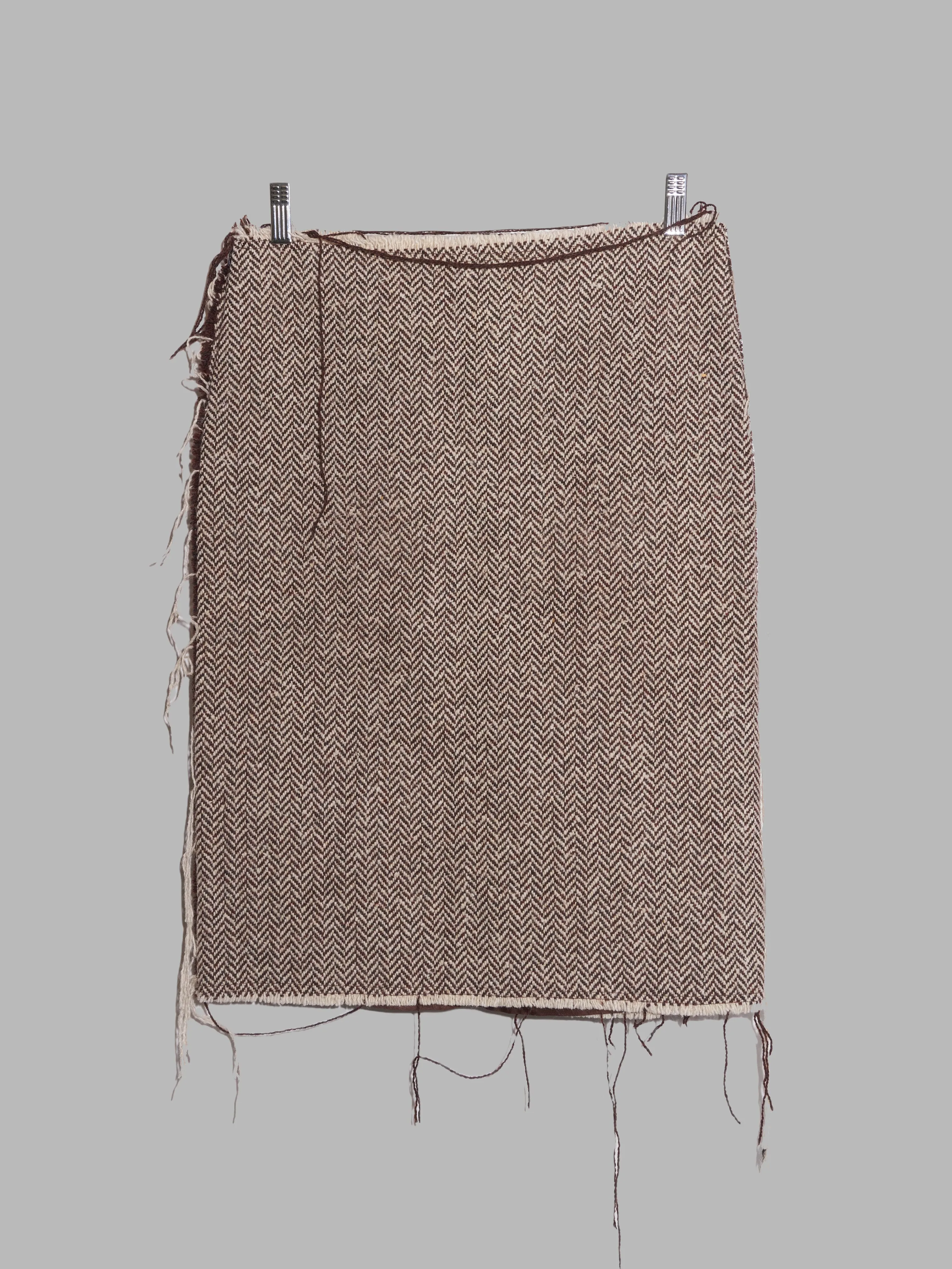 Jean Colonna brown herringbone wool raw edge knee length skirt