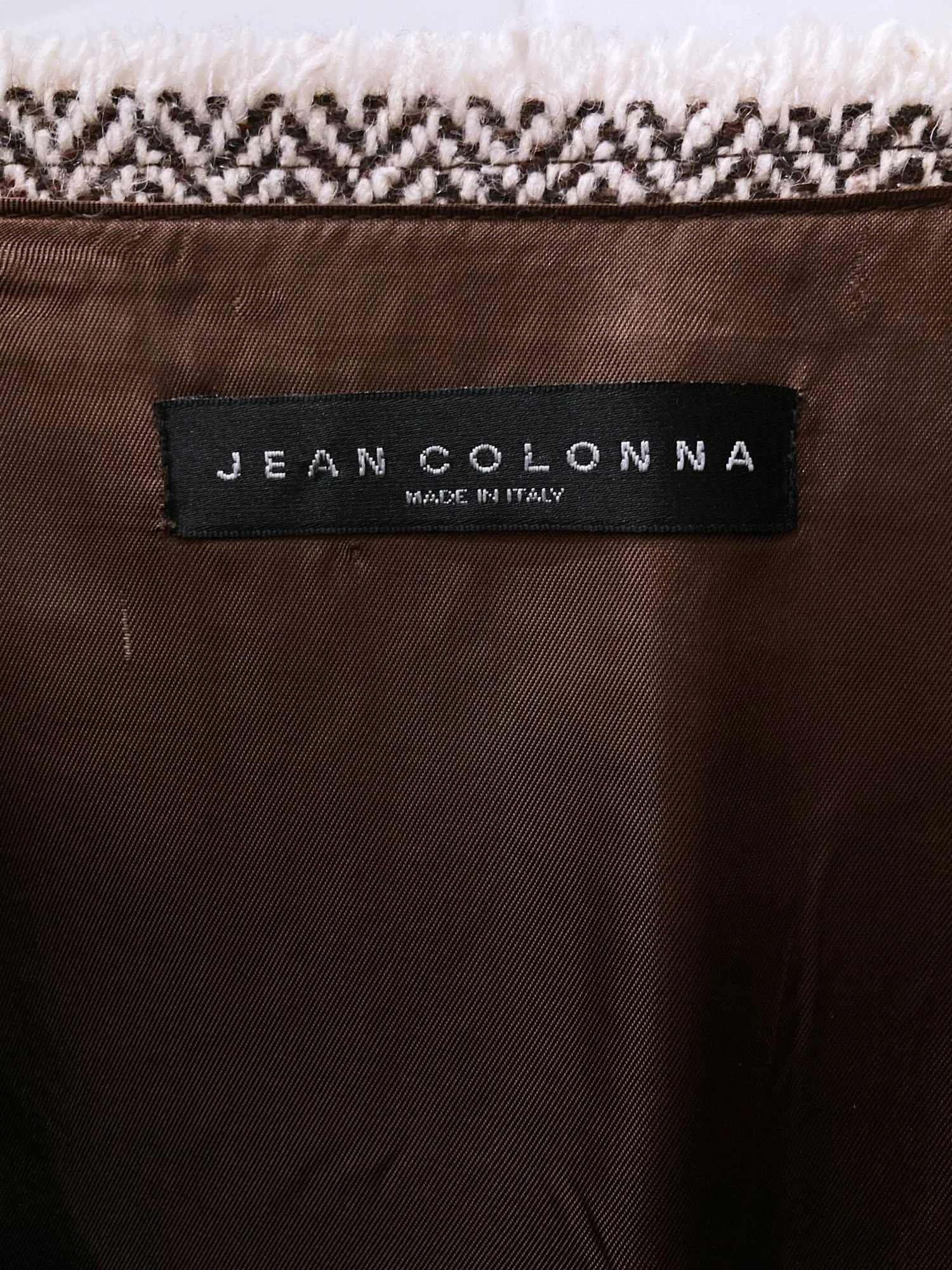 Jean Colonna brown herringbone wool raw edge knee length skirt