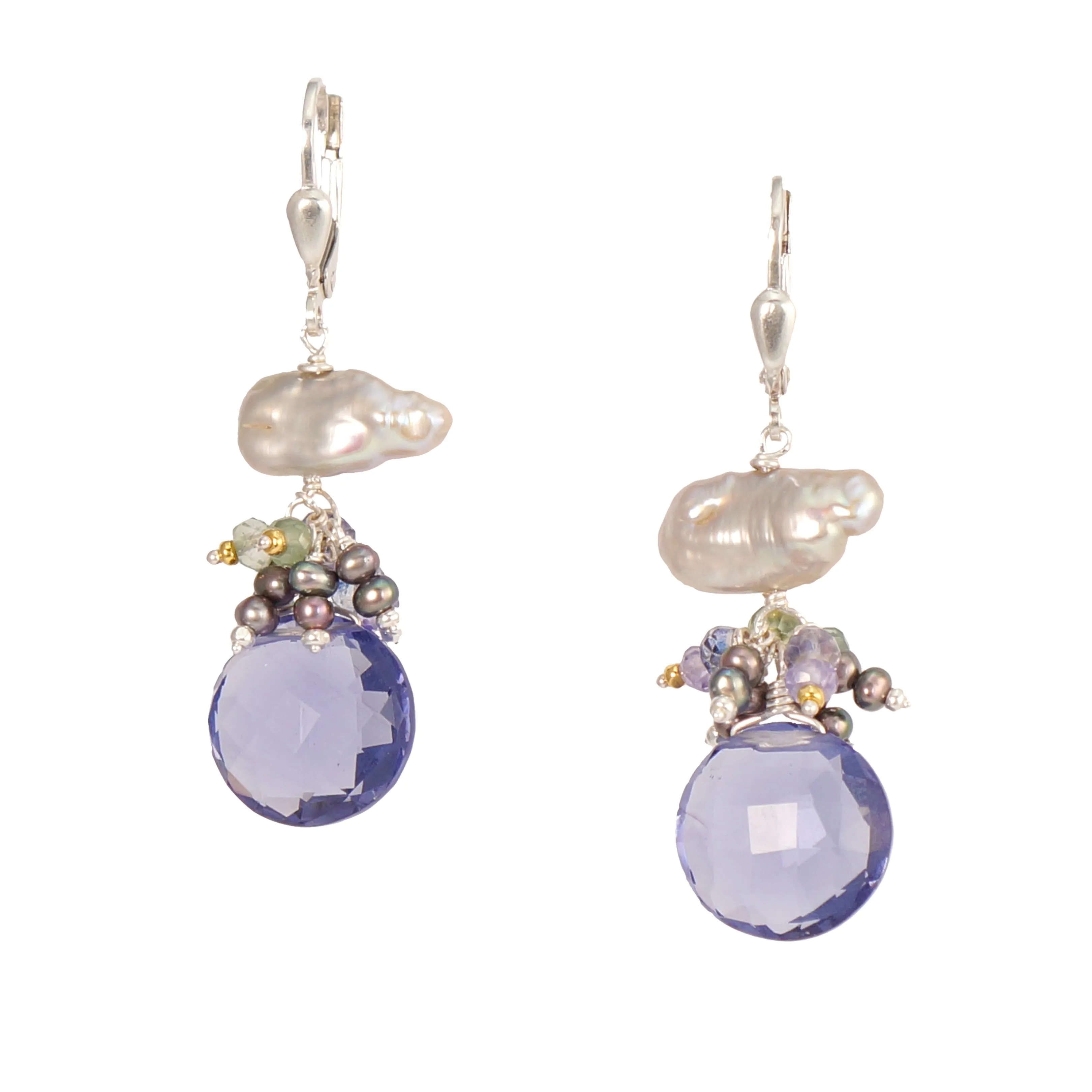 Keshi Pearl Earrings with Iolite or Green Amethyst