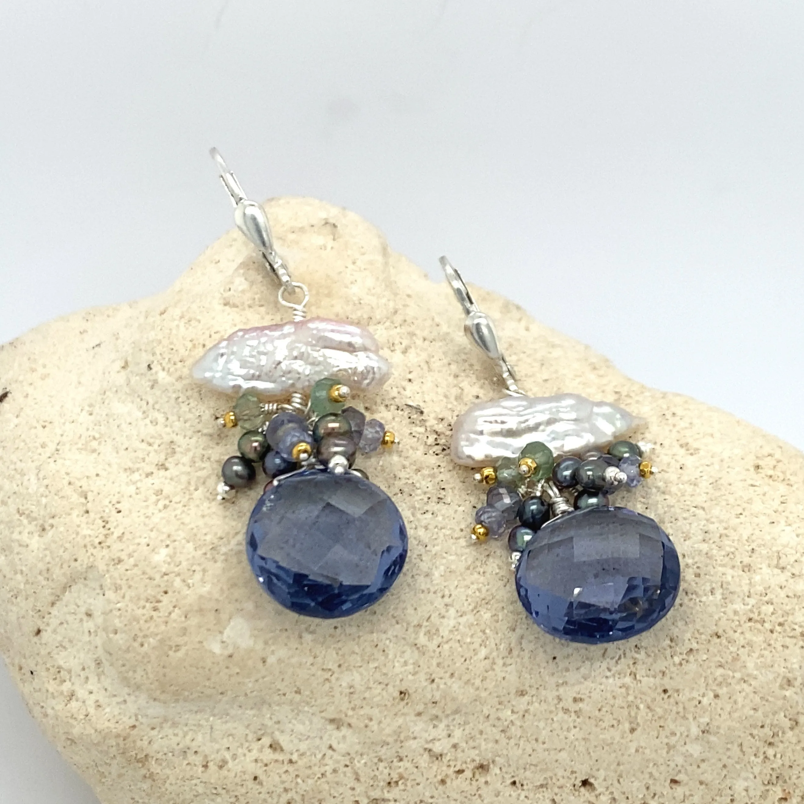 Keshi Pearl Earrings with Iolite or Green Amethyst