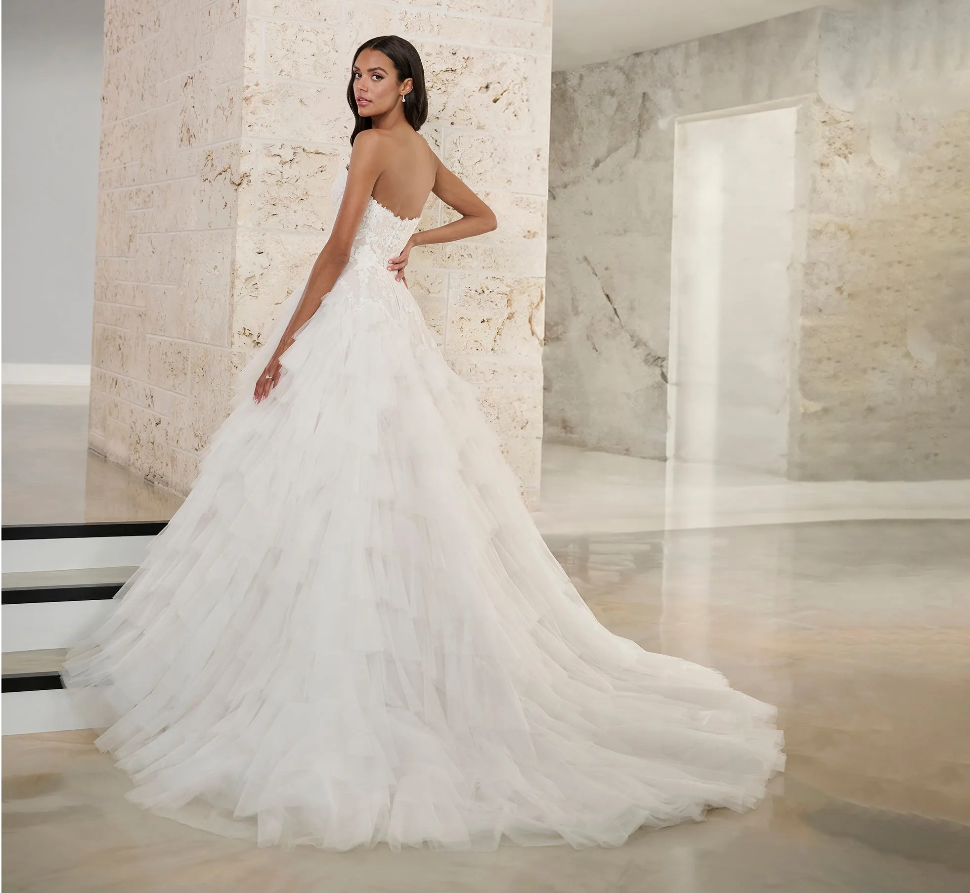 Lace And Tulle Ball Gown With Tulle Ruffles In Ivory French Lilac Nude