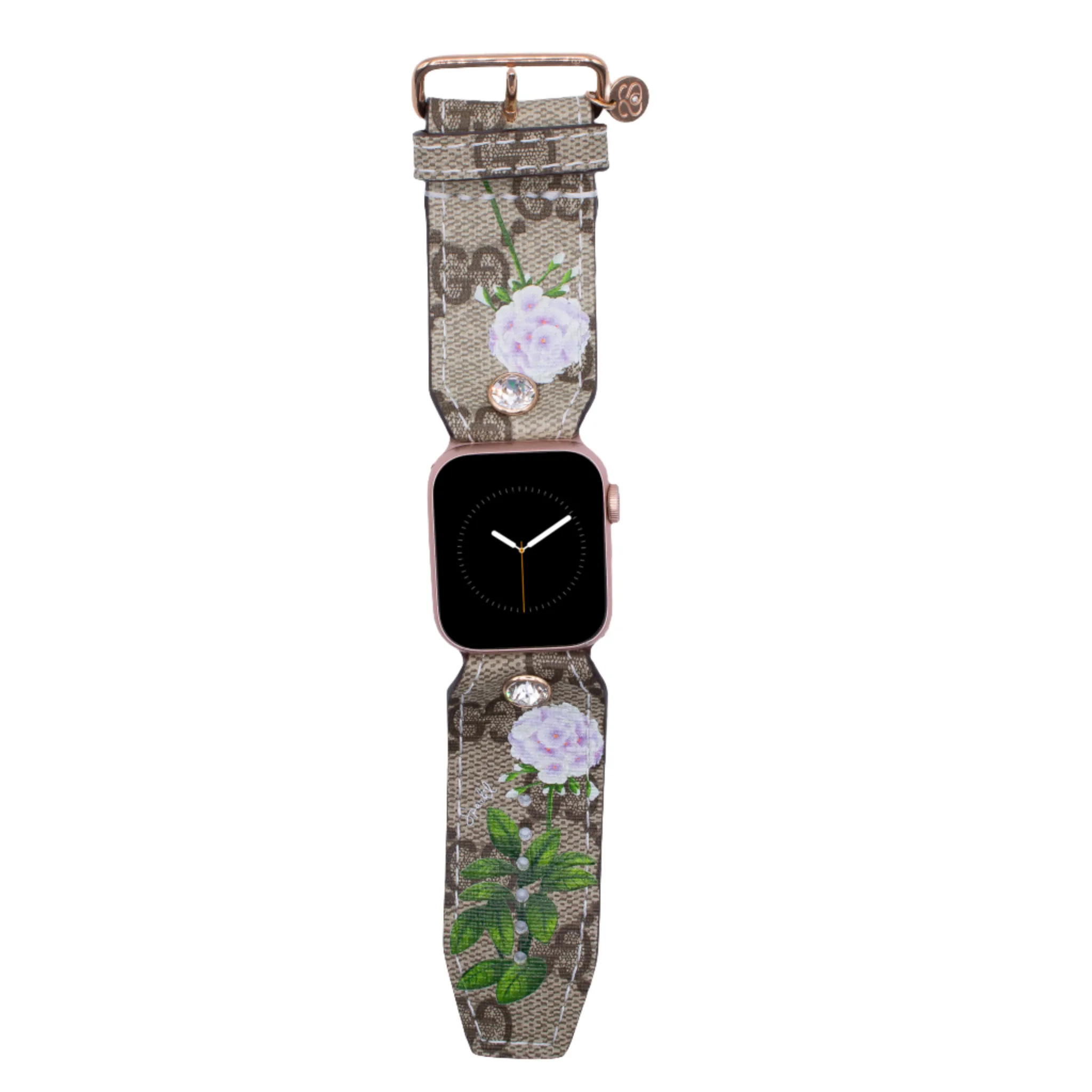 Limited Edition - "White Blooms" on Upcycled Brown Webbed GG Sivella Watchband