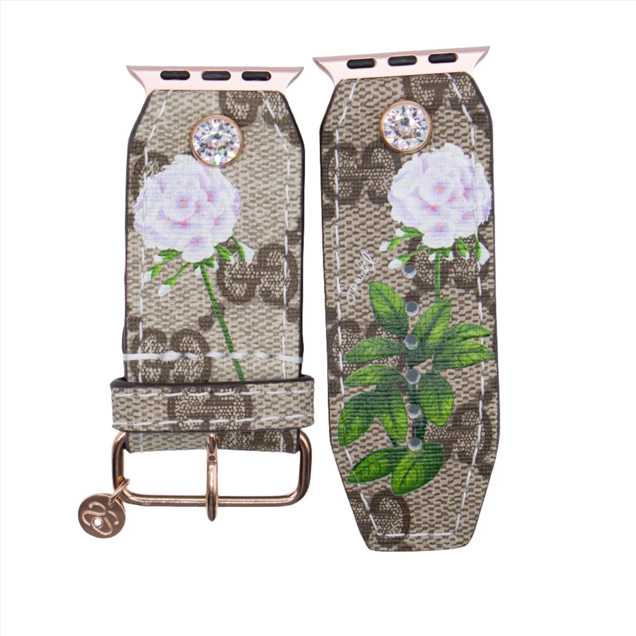 Limited Edition - "White Blooms" on Upcycled Brown Webbed GG Sivella Watchband