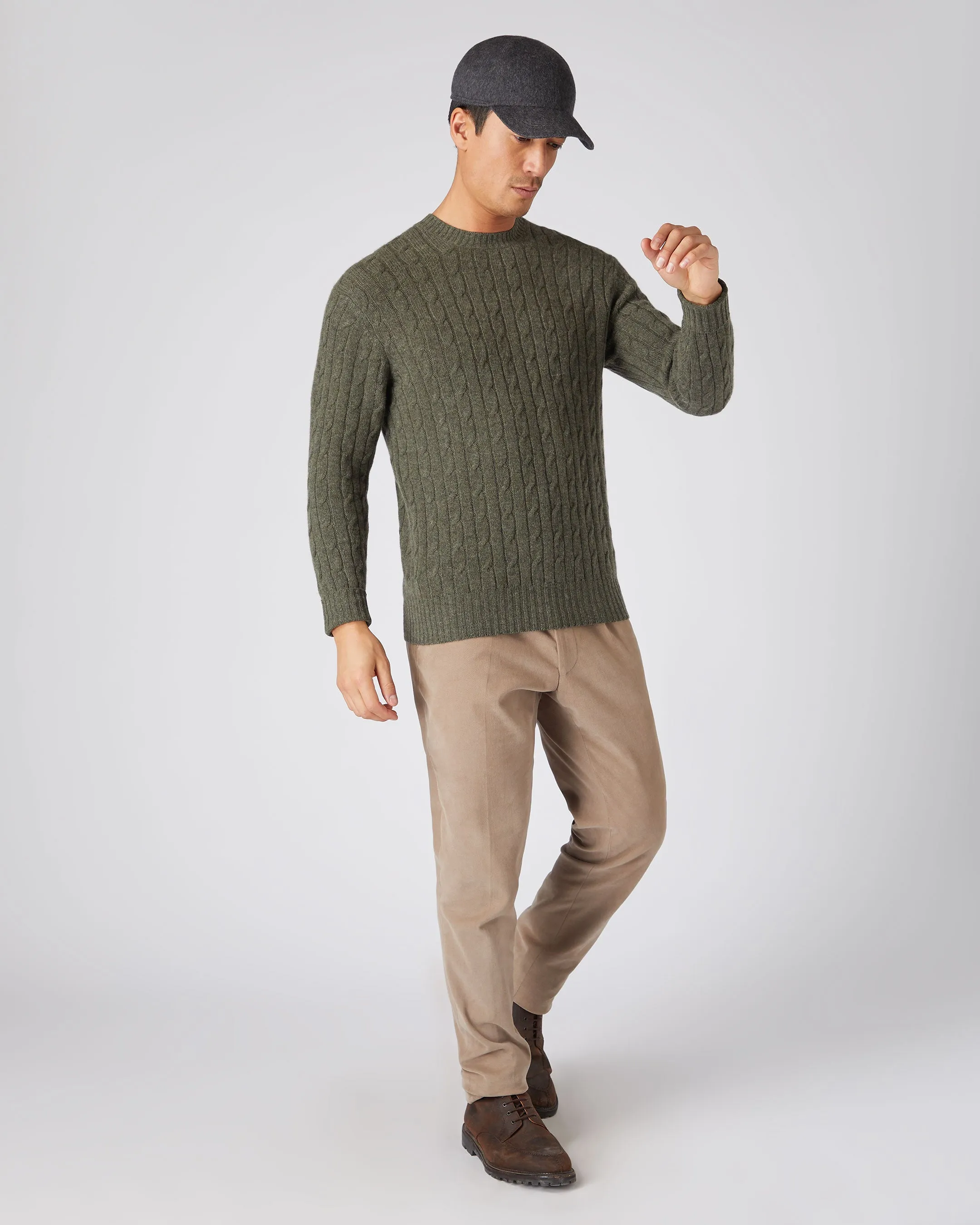 Men's Thames Cable Round Neck Cashmere Jumper Moss Green