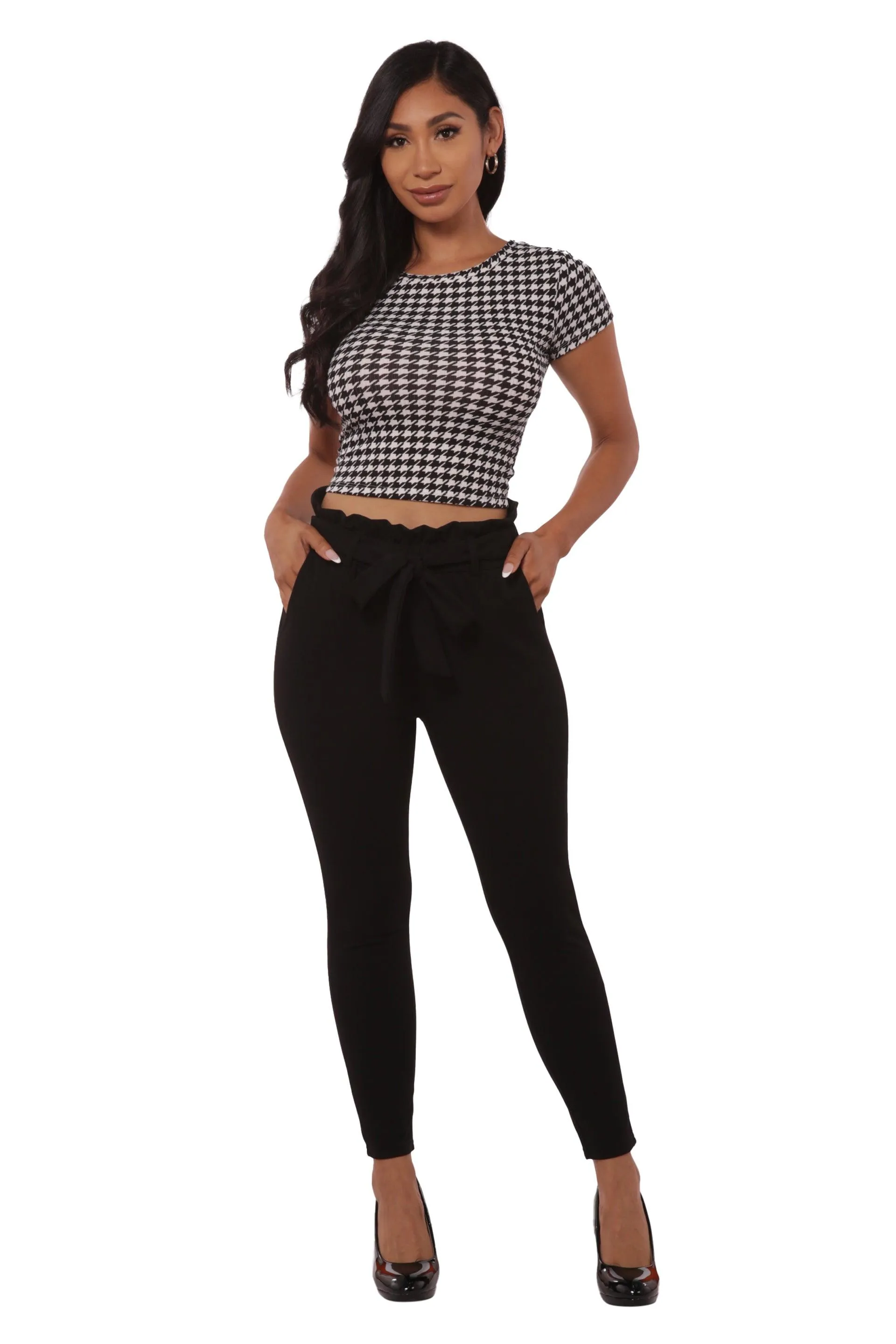 Paperbag Waist Slim Fit Pants With Self Tie - Black