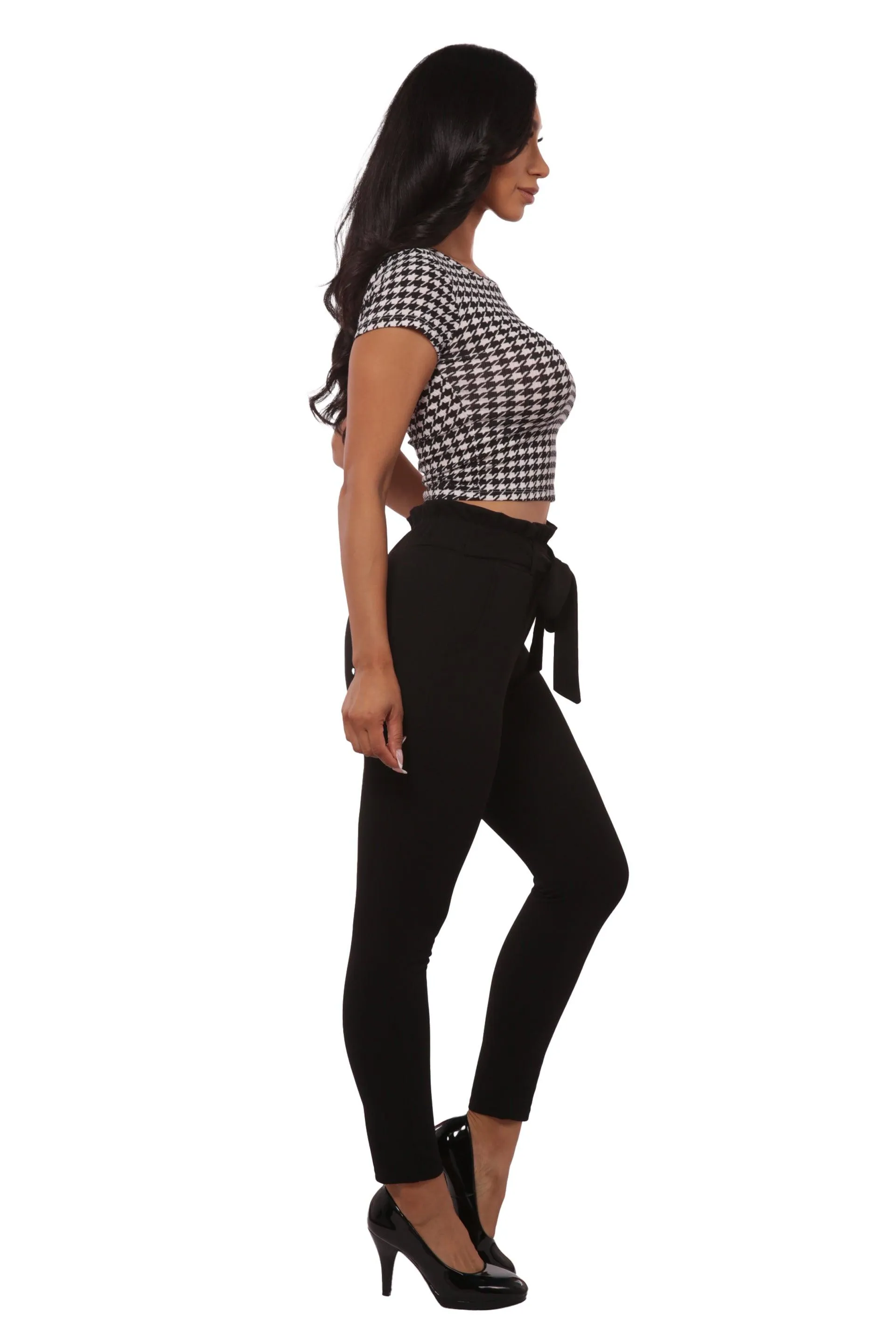 Paperbag Waist Slim Fit Pants With Self Tie - Black