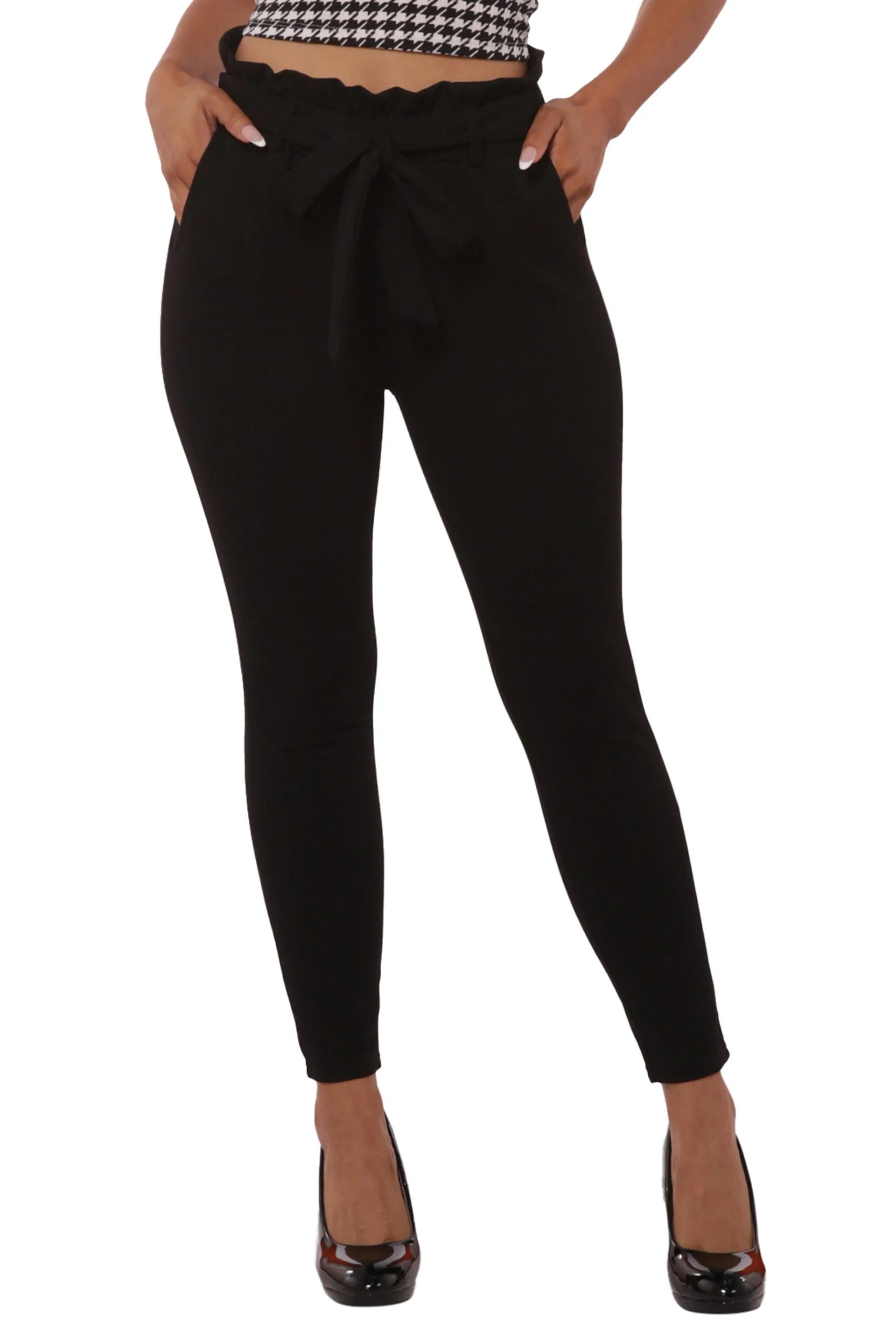 Paperbag Waist Slim Fit Pants With Self Tie - Black