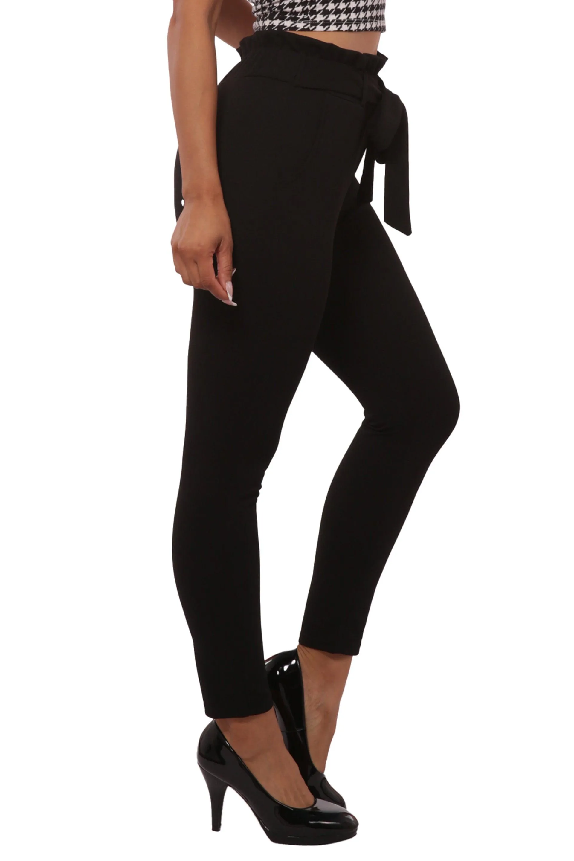 Paperbag Waist Slim Fit Pants With Self Tie - Black