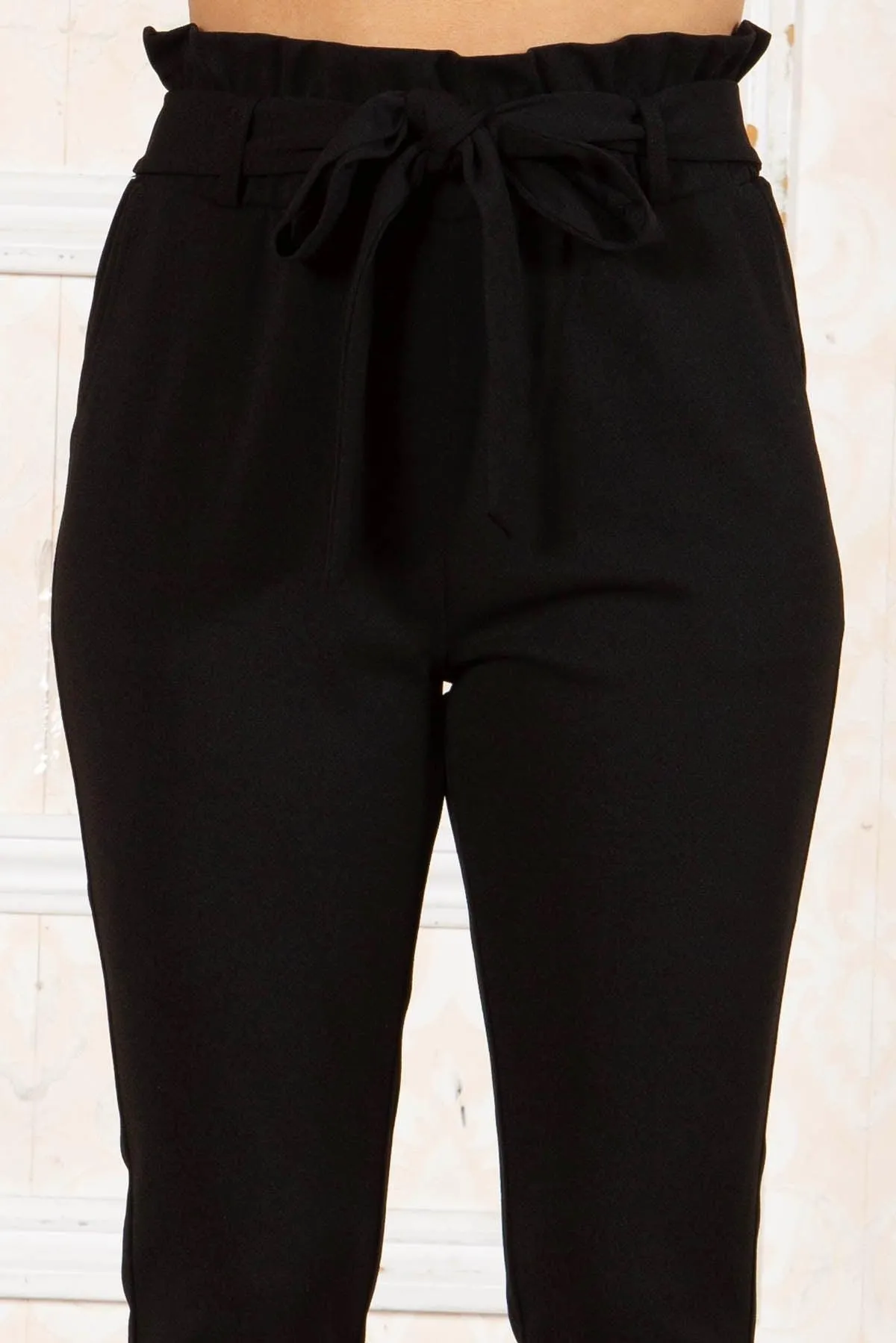 Paperbag Waist Slim Fit Pants With Self Tie - Black