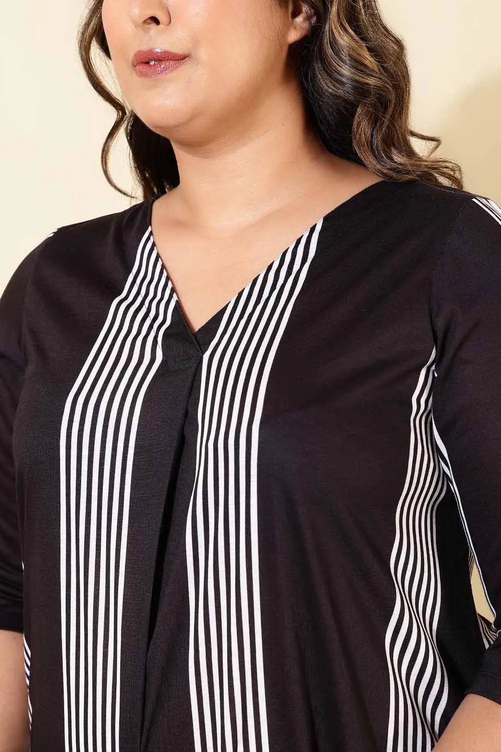 Plus Size Black White Striped Centre Pleat Top