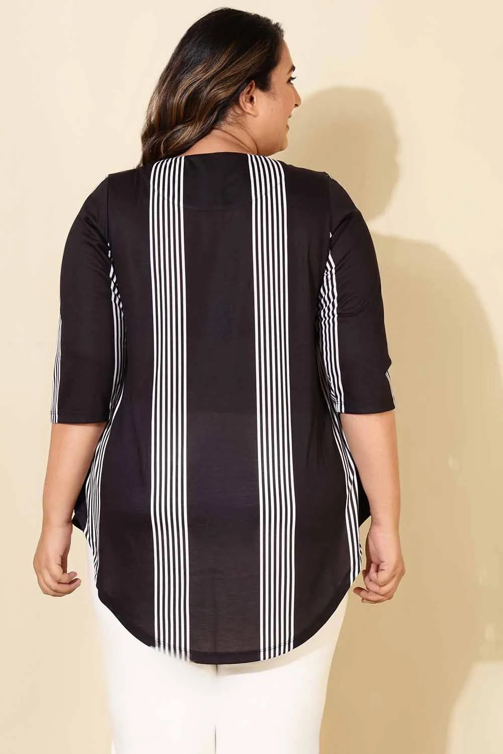 Plus Size Black White Striped Centre Pleat Top