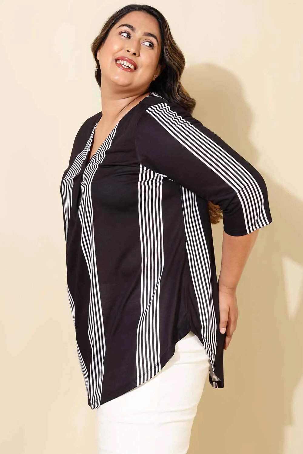 Plus Size Black White Striped Centre Pleat Top