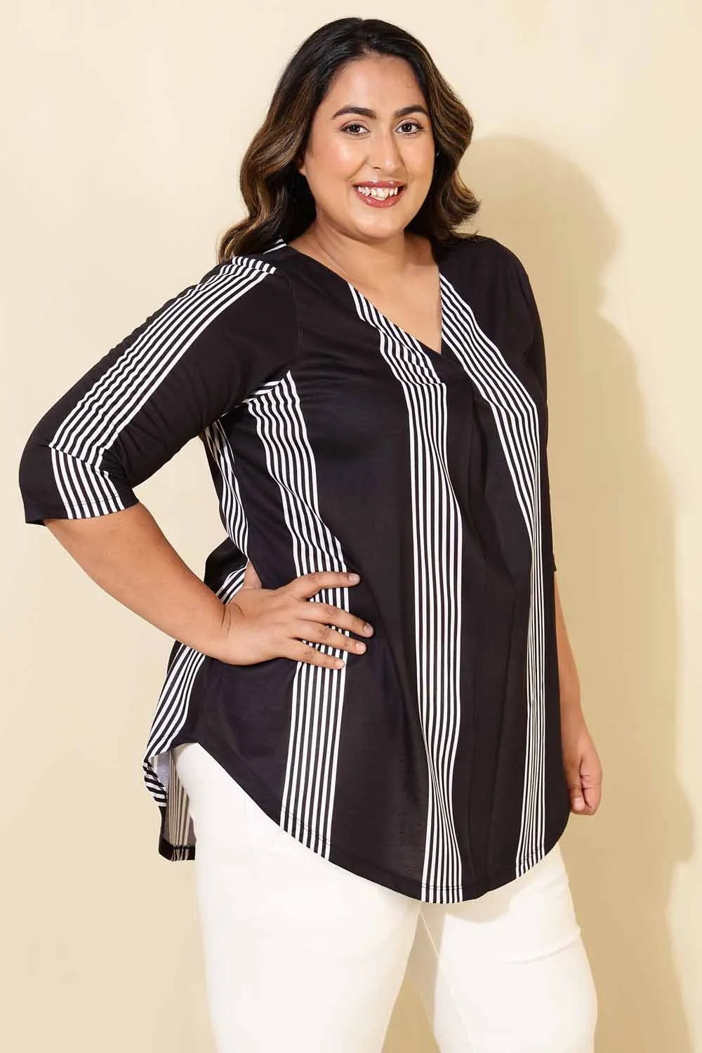 Plus Size Black White Striped Centre Pleat Top