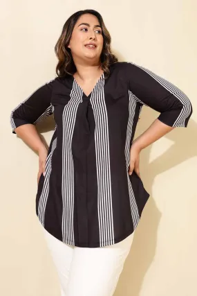 Plus Size Black White Striped Centre Pleat Top