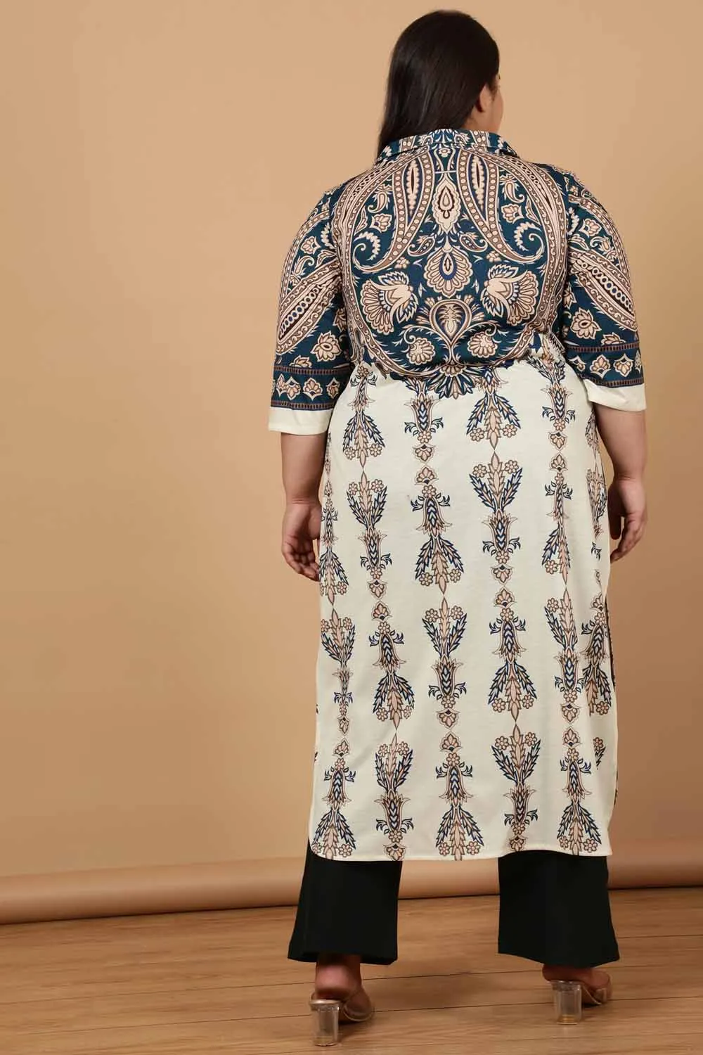 Plus Size Cream Luxe Ethnic Print Kurta Cum Shrug