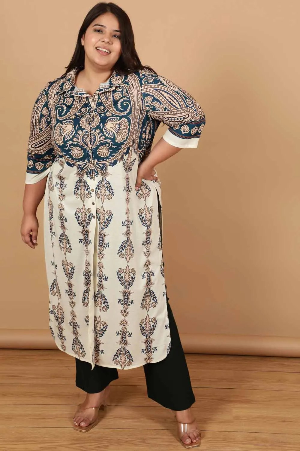 Plus Size Cream Luxe Ethnic Print Kurta Cum Shrug