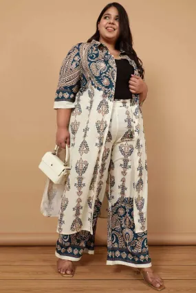 Plus Size Cream Luxe Ethnic Print Kurta Cum Shrug